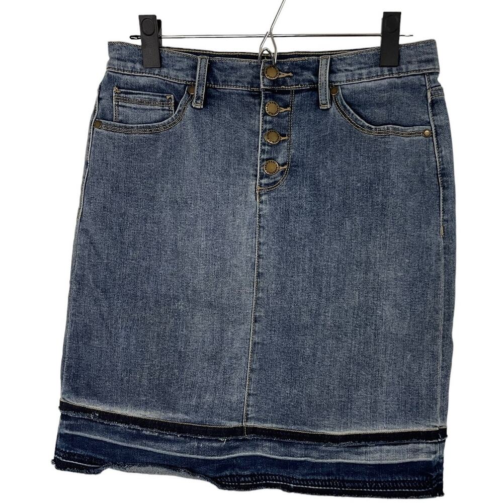 Karl Lagerfeld Paris Denim skirt with button fly and raw, released hem- 6
